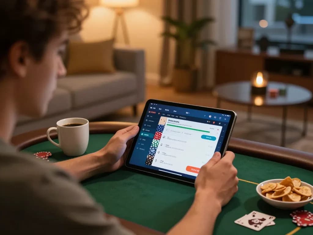 Engaging in online poker on a tablet with tr88 in a cozy living room setting