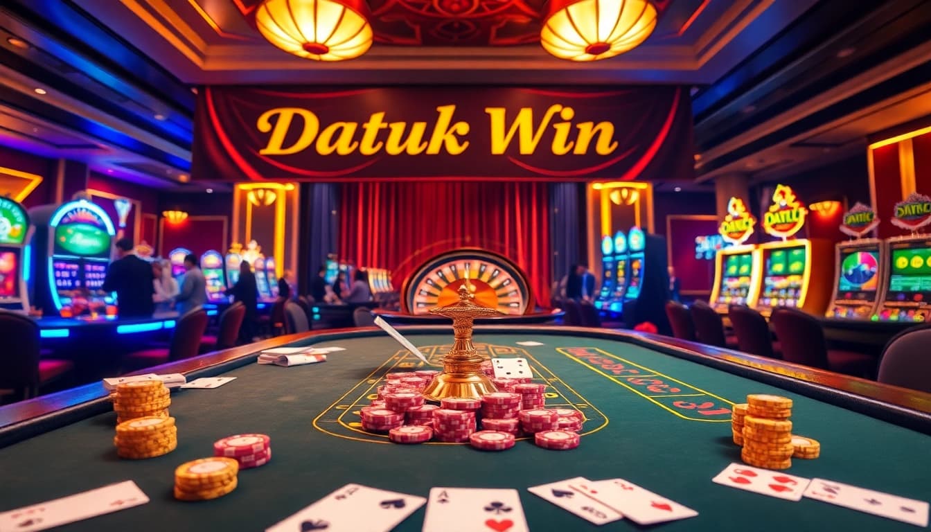 Adegan kasino yang dinamis secara visual menampilkan elemen perjudian mewah dan spanduk 'datuk win' untuk suasana yang penuh semangat.