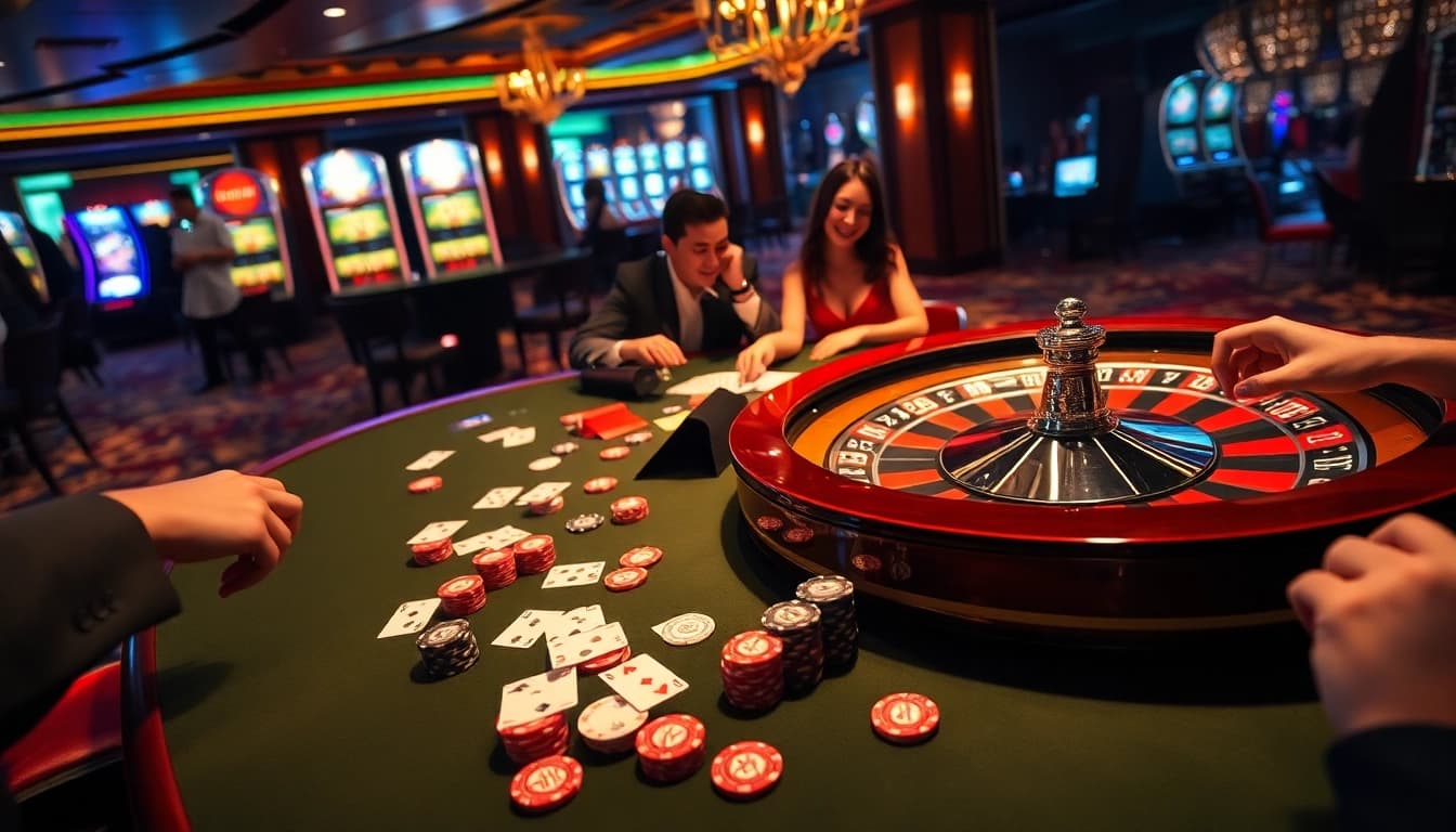 XSMB 247 players enjoying a thrilling card game at a luxurious casino table.