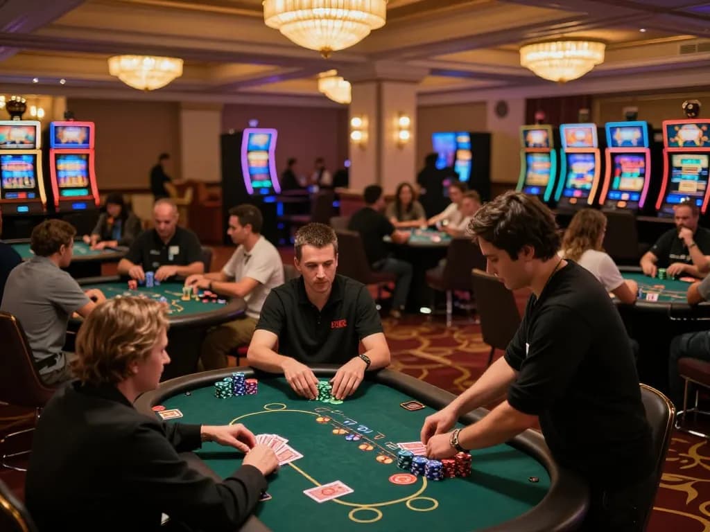 Players immersed in poker gameplay at a luxurious casino, highlighting the thrilling environment of 789win.