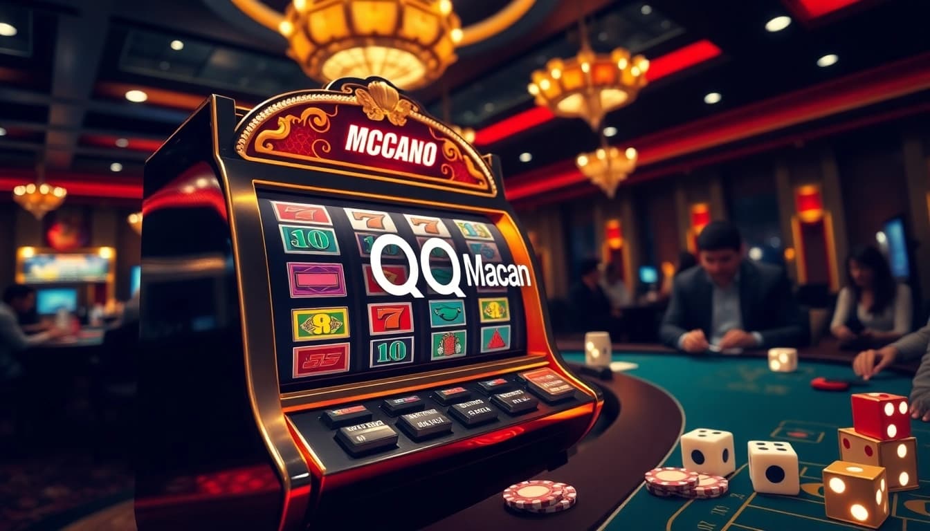 Engage with QQMacan's vibrant slot machine amidst an elegant casino environment, showcasing excitement.