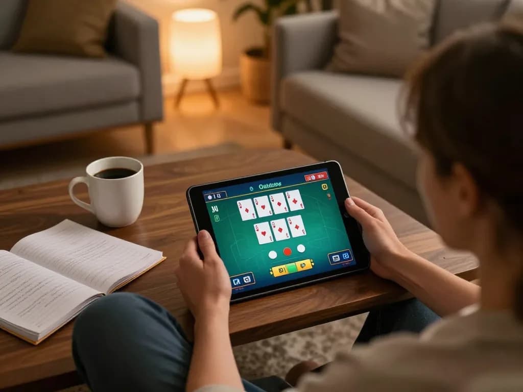 Person engaging in online poker with m119 strategy notes in a cozy home setting for responsible gambling
