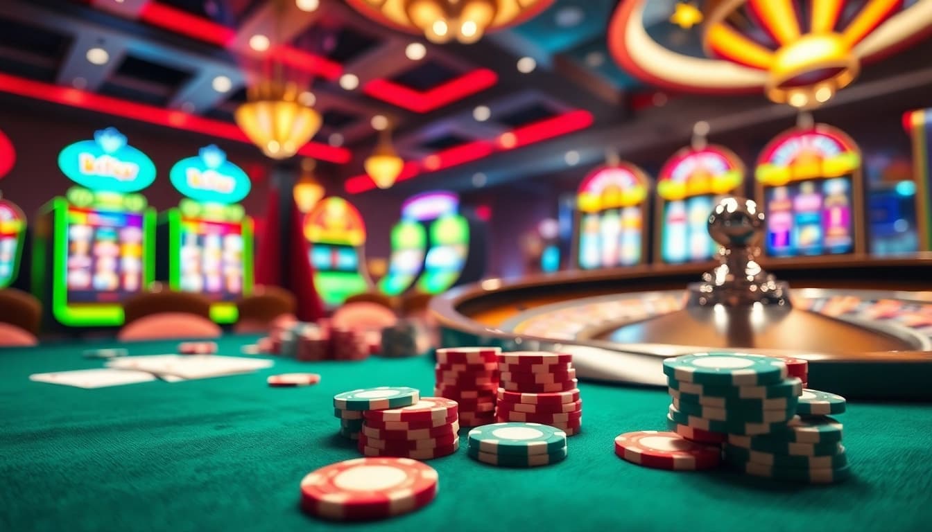 Casino gaming table with vibrant poker action and roulette wheel.