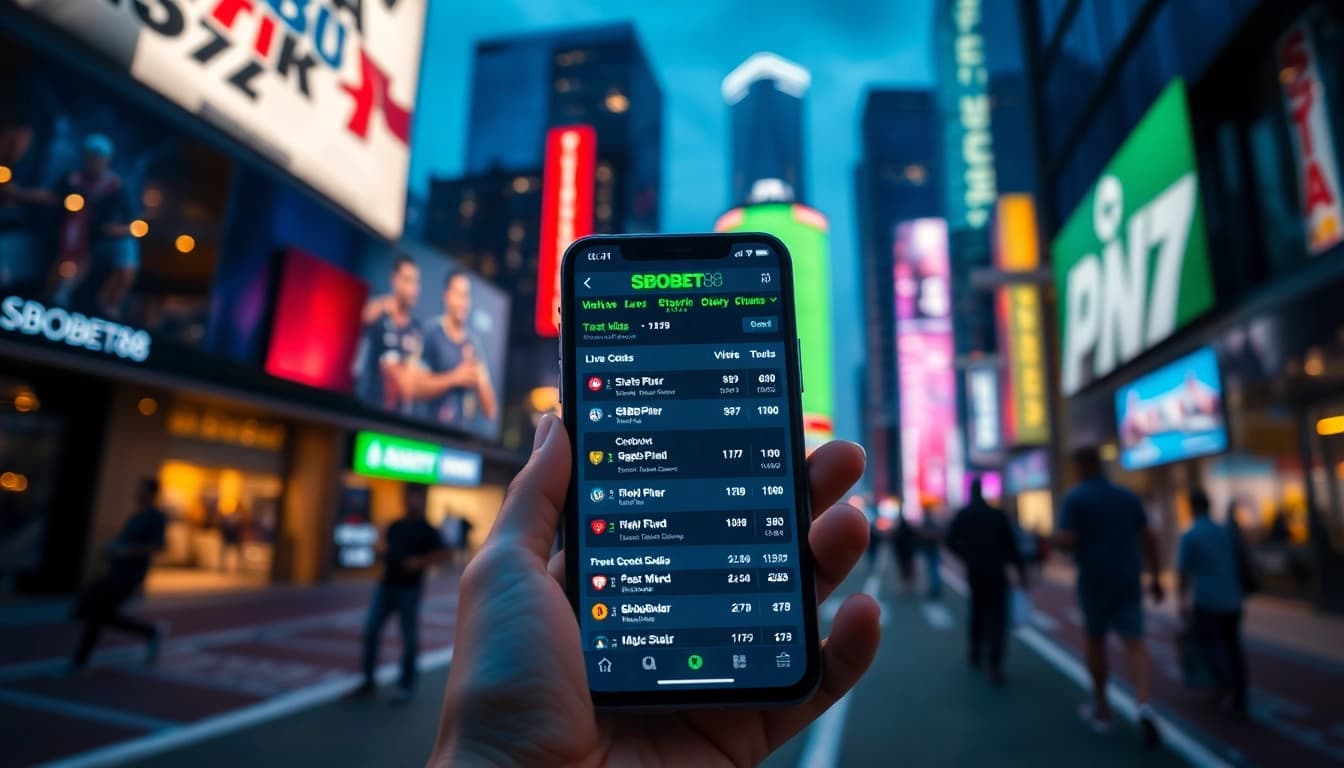 SBOBET88 menampilkan antarmuka taruhan olahraga modern di smartphone di tengah suasana malam kota yang dinamis.
