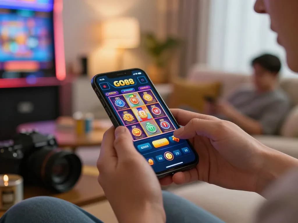 Player engaging with the GO88 casino app on smartphone, showcasing vibrant online gaming interface