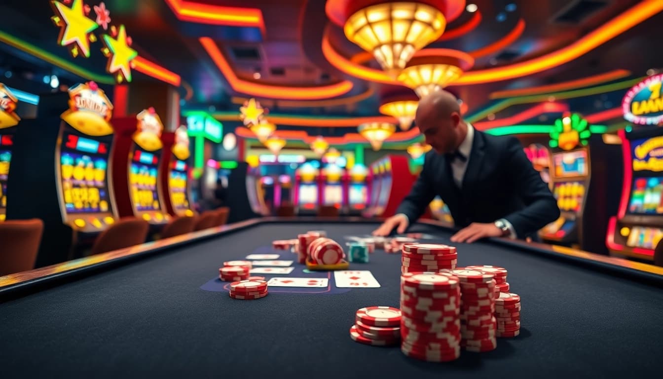 Akun Depo 5k pada meja judi kasino yang hidup dengan chip dan kartu menarik.