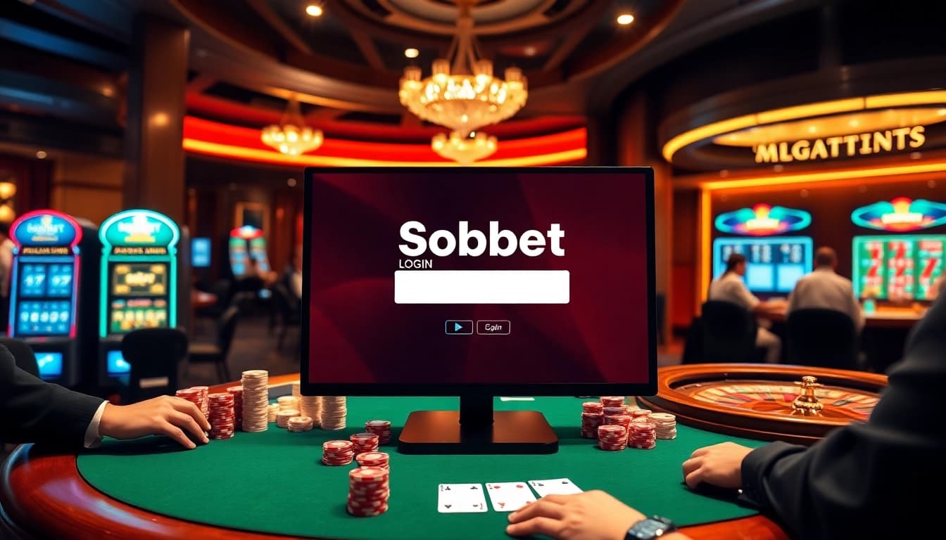 Engaging scene highlighting sbobet login indonesia with vibrant casino interface and table games.