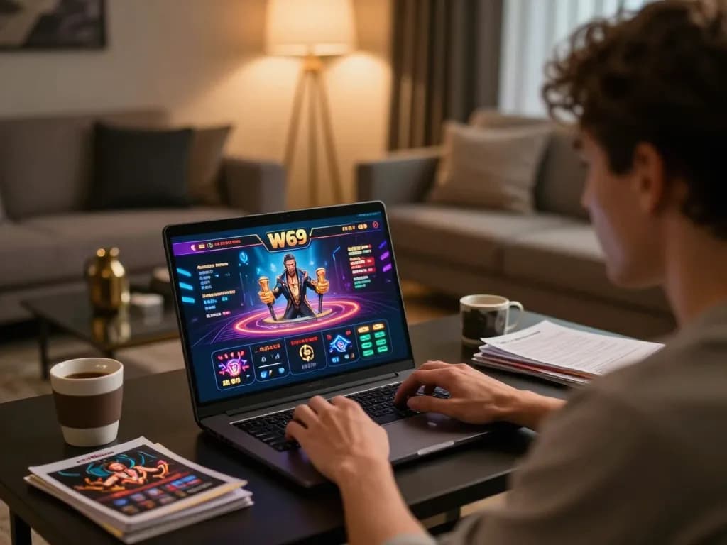 Engaged player exploring the W69 online casino platform, showcasing dynamic gaming strategy.