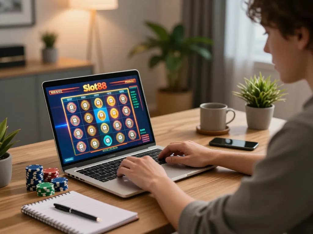 Player enjoying Slot88 online gaming with strategies in a cozy home office setting