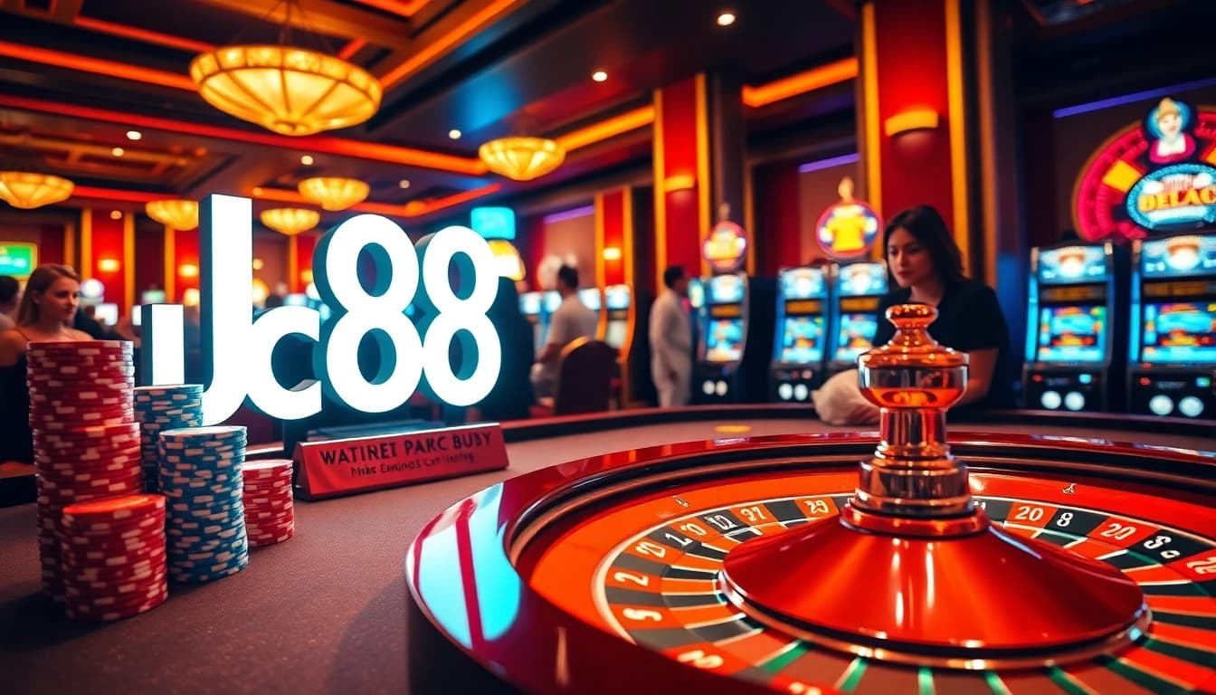 Experience the excitement of casino gaming at LC88 with vibrant poker chips and a roulette wheel.