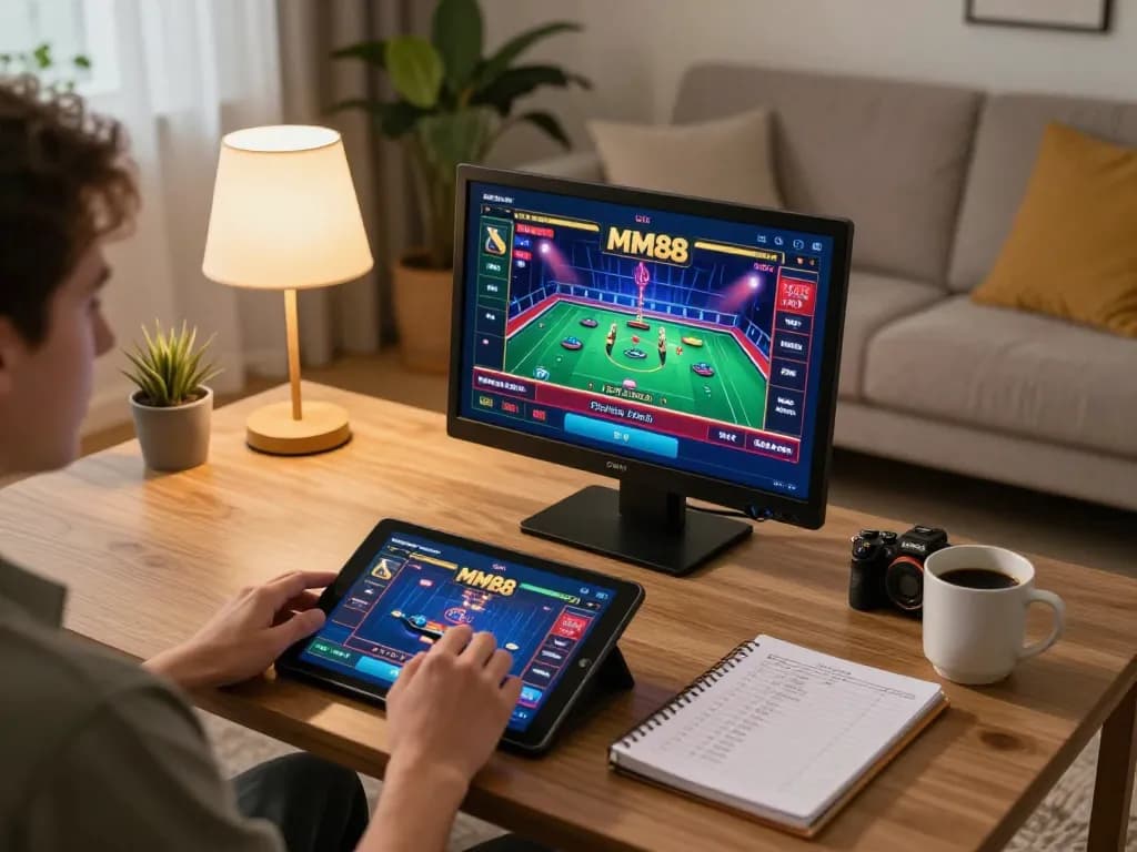 Player engaging with MM88 casino app on tablet in cozy home setup, showcasing strategic gameplay.