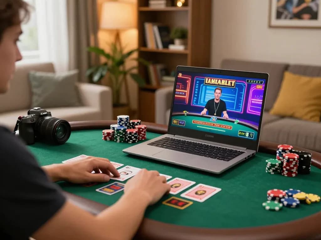 Engaging with live dealer using casino app on laptop; 98win1 online gaming excitement.