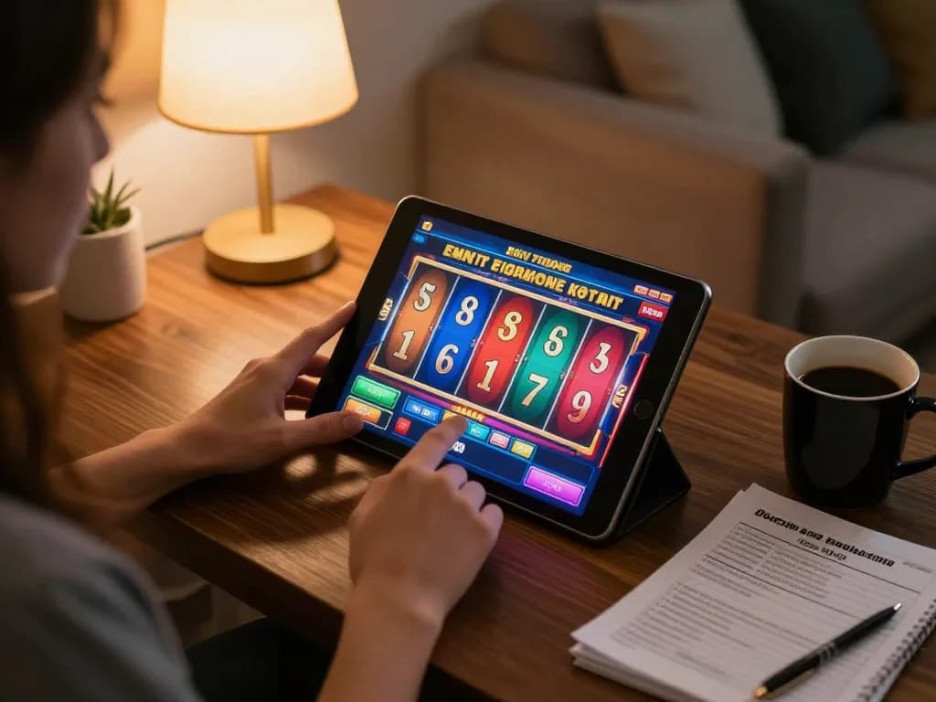 Player enjoying an online slot game on tablet, exploring tr88 link and strategic options in a cozy setting.