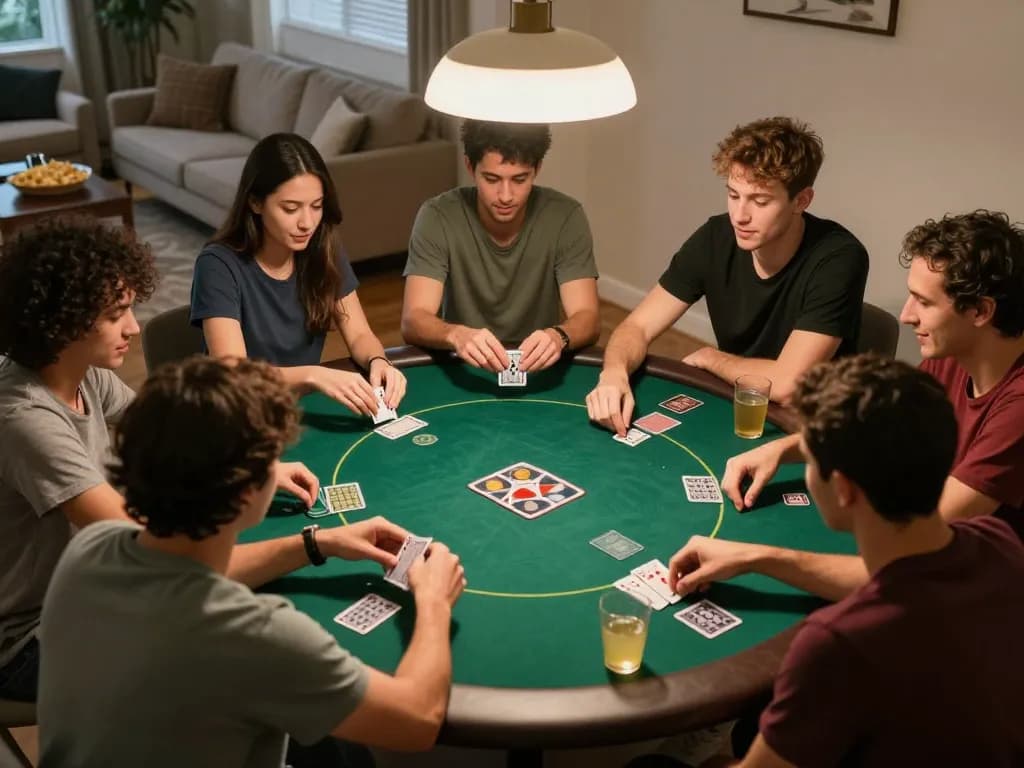 Engaging home poker night gathering showcasing Đại lý KO66 players strategizing over Texas Hold'em cards.