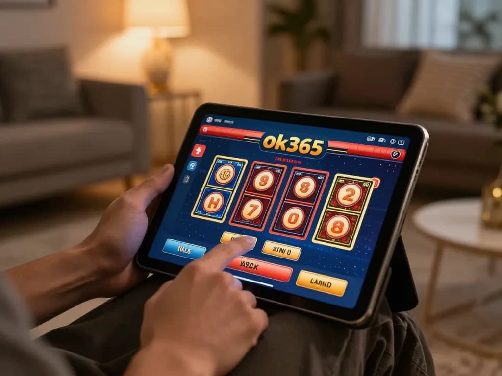 Playing casino games on ok365 through a tablet in a cozy living room