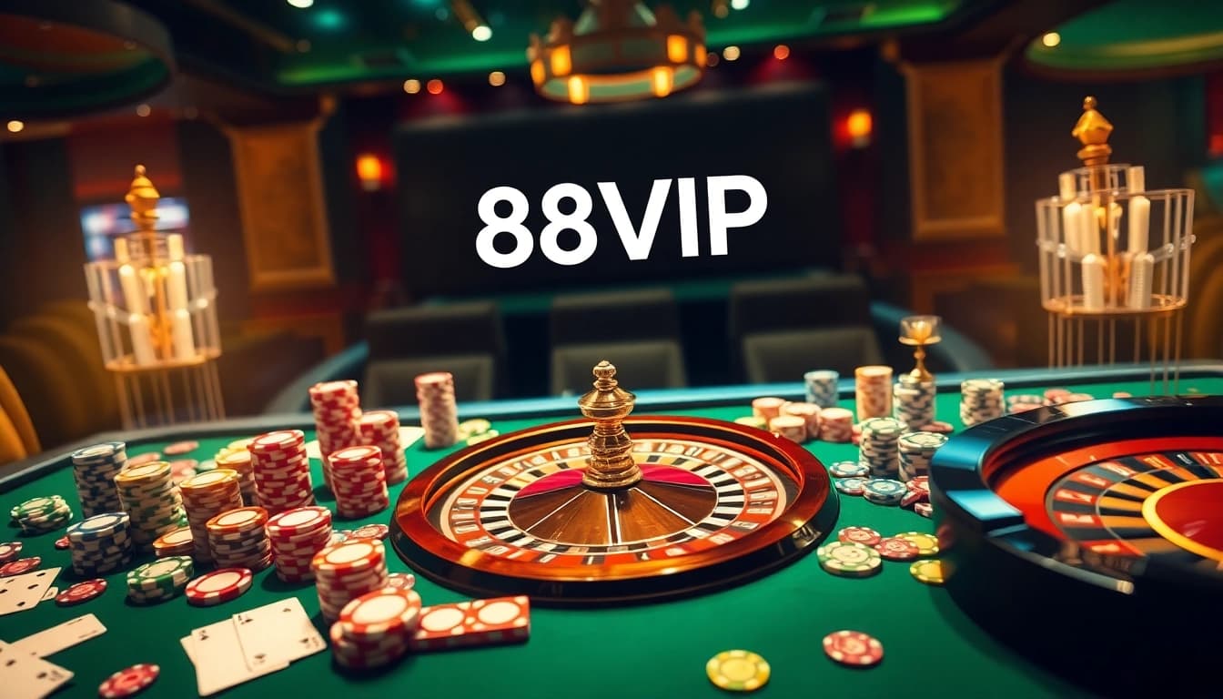 Exciting 68VIP casino scene with players at a roulette table and vibrant poker chips.