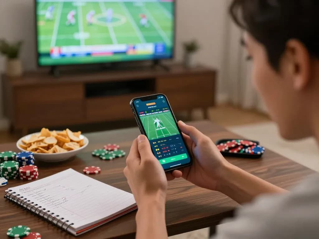 Engaged bettor using the nhà cái cm88 app while watching a live football match on TV
