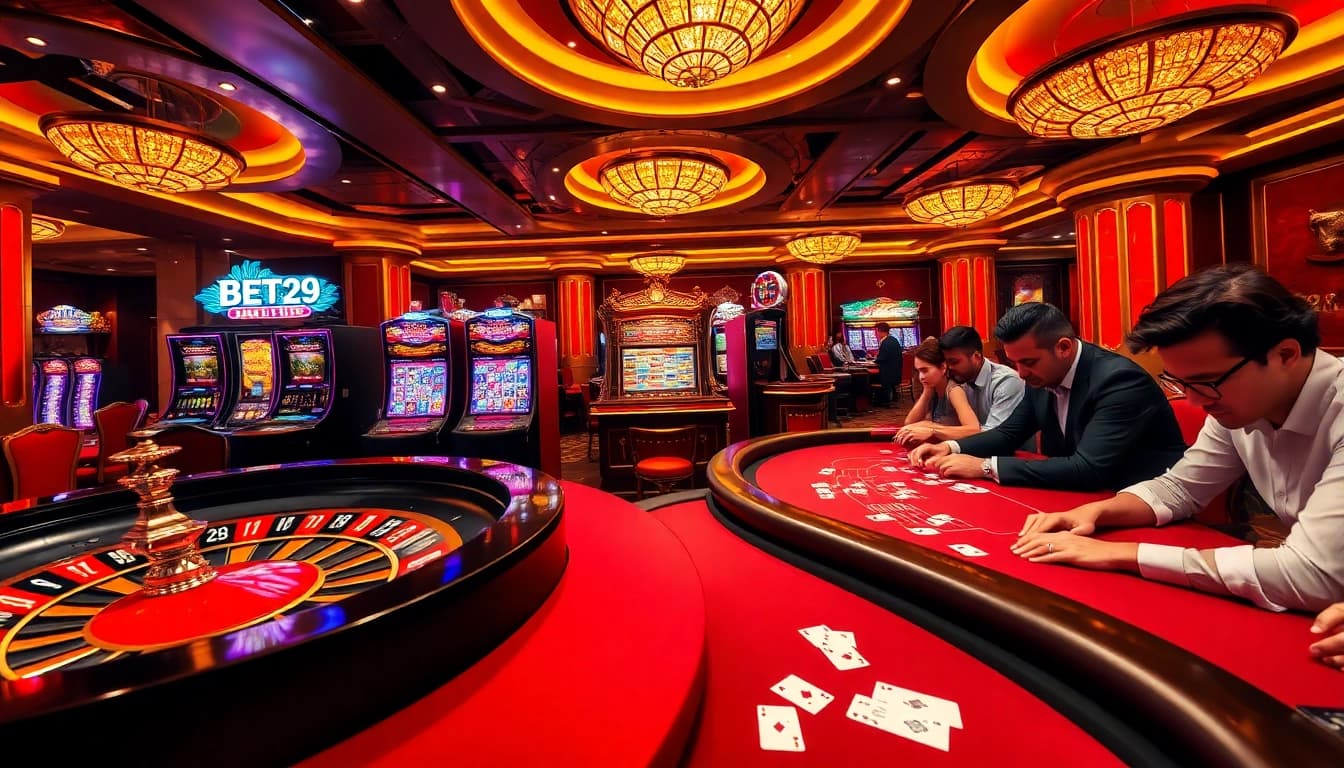 Engaging casino atmosphere featuring BET29 branding with poker games and roulette.