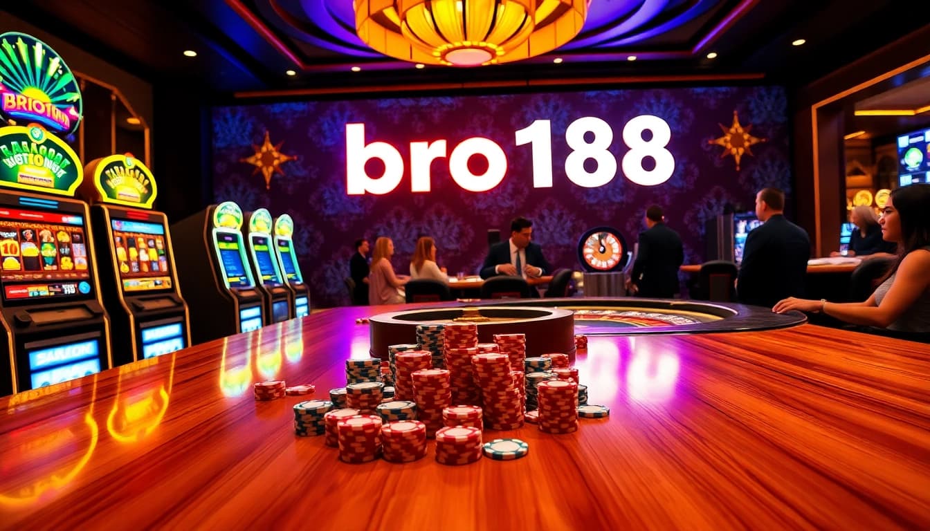 Engaging scene of players at Bro138's luxury slot machines and poker tables with flashing lights.