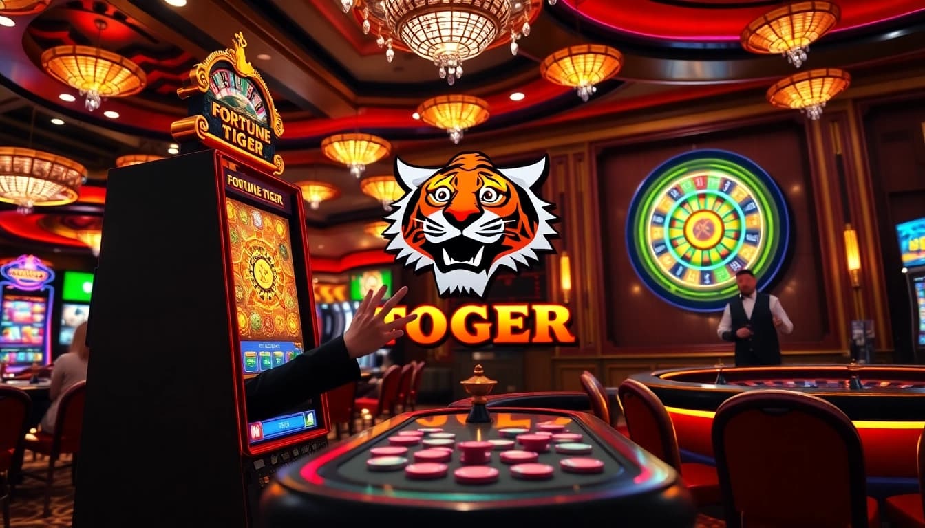 Excited player playing สล็อต Fortune Tiger สำหรับคนไทย in a luxurious casino setting.