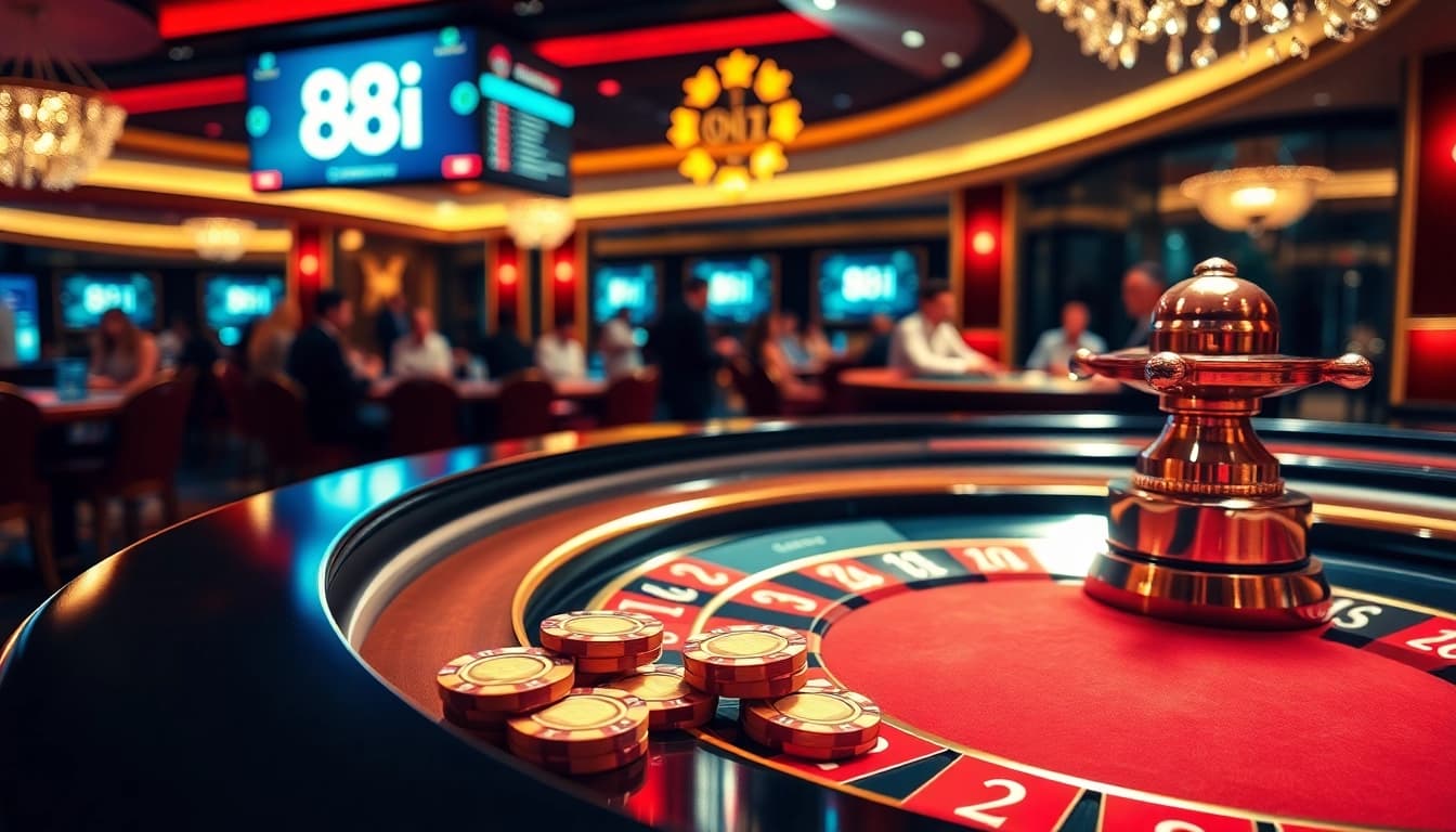 A diverse group of gamblers engaging in an exciting casino experience at 88i, showcasing vibrant poker chips and modern betting interfaces.