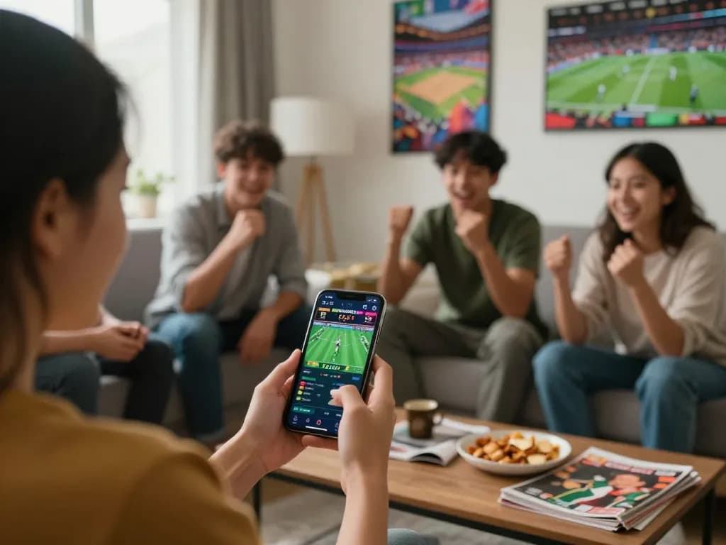 Pemain situs toto dengan antusias memasang taruhan menggunakan perangkat mobile di suasana yang nyaman, menangkap keseruan permainan online