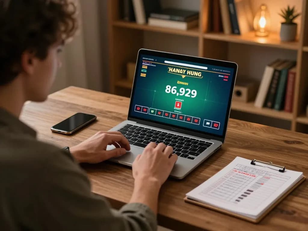 HUBET player strategizing blackjack on a laptop at home with responsible gambling focus.