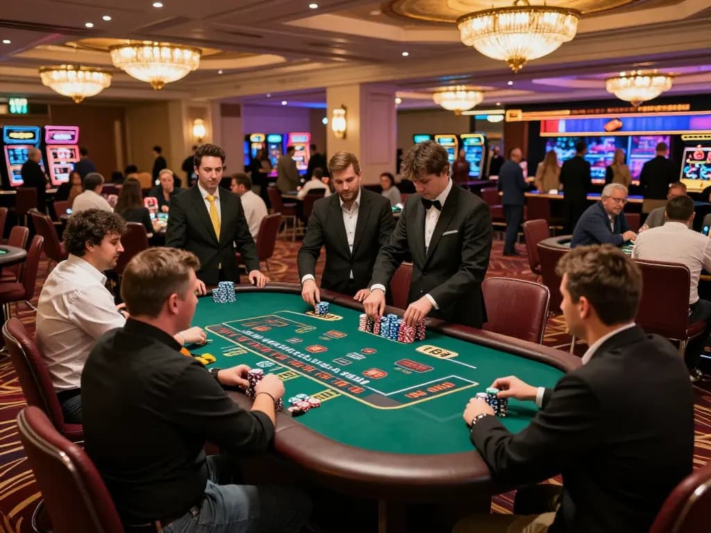 Engaging scene of open 88 blackjack players strategizing during a game at a luxurious casino