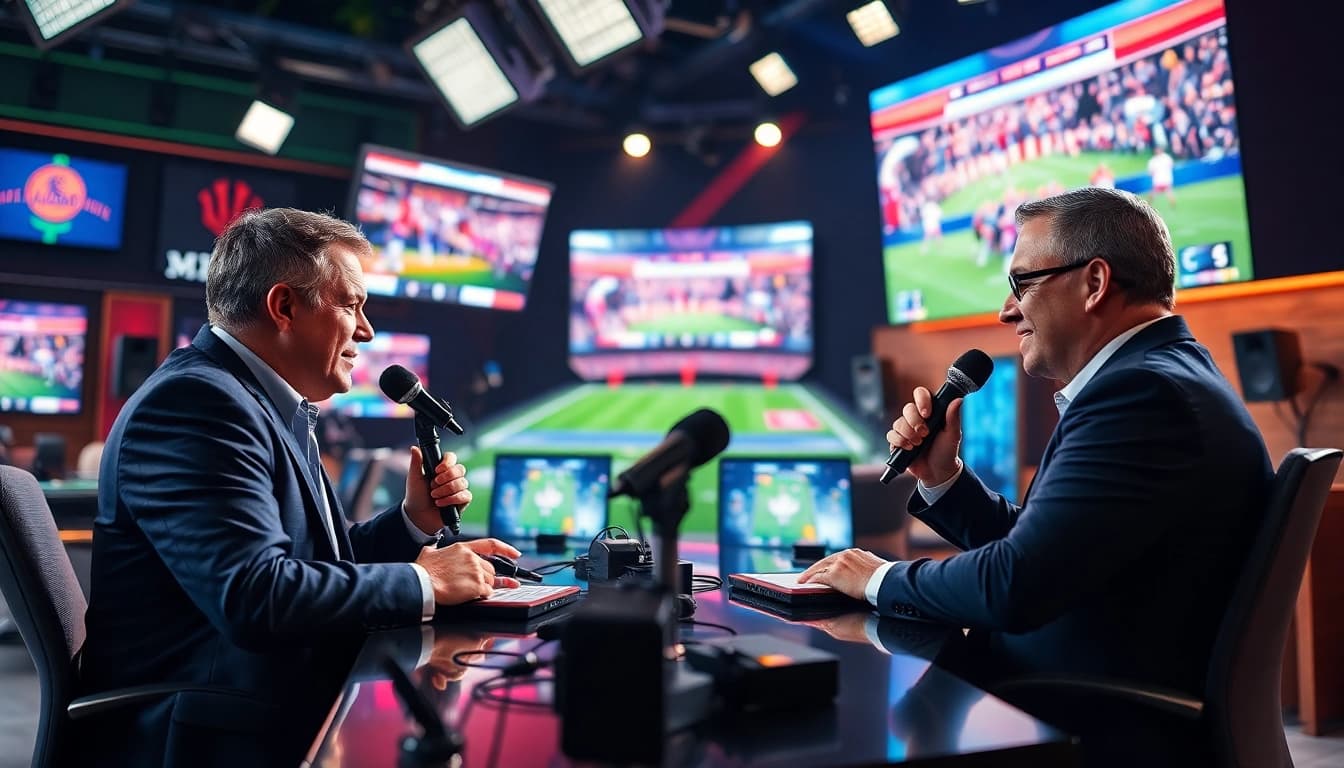 Sports Broadcasting hosts delivering live commentary in a vibrant studio environment.