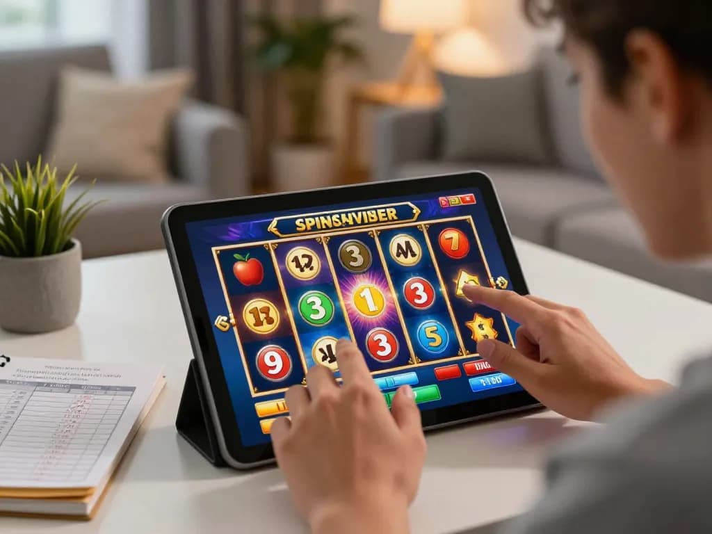 Engaging moment using spinadvisor for smart online slot recommendations on a tablet in a cozy living room.