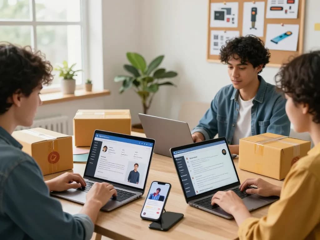 Engaged consumers exploring e-commerce options at https://lode884.co.com/ in a vibrant home office setting.