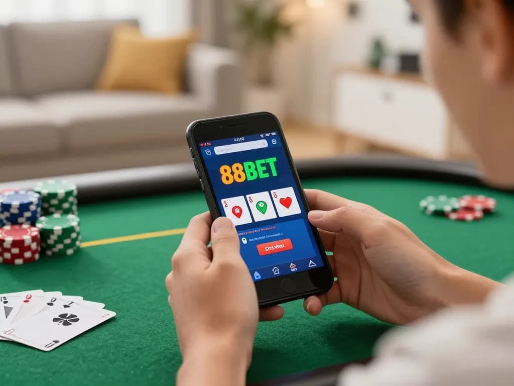 Engaging in online gaming at https://88bet.zone/ with mobile app showing poker game and strategy notes