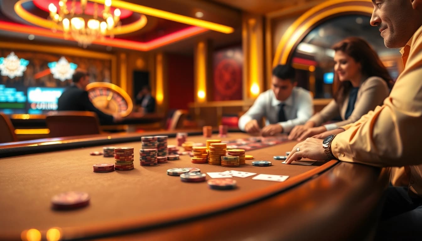 Jun88 casino players enjoying an intense poker game with colorful chips and cards on the table.