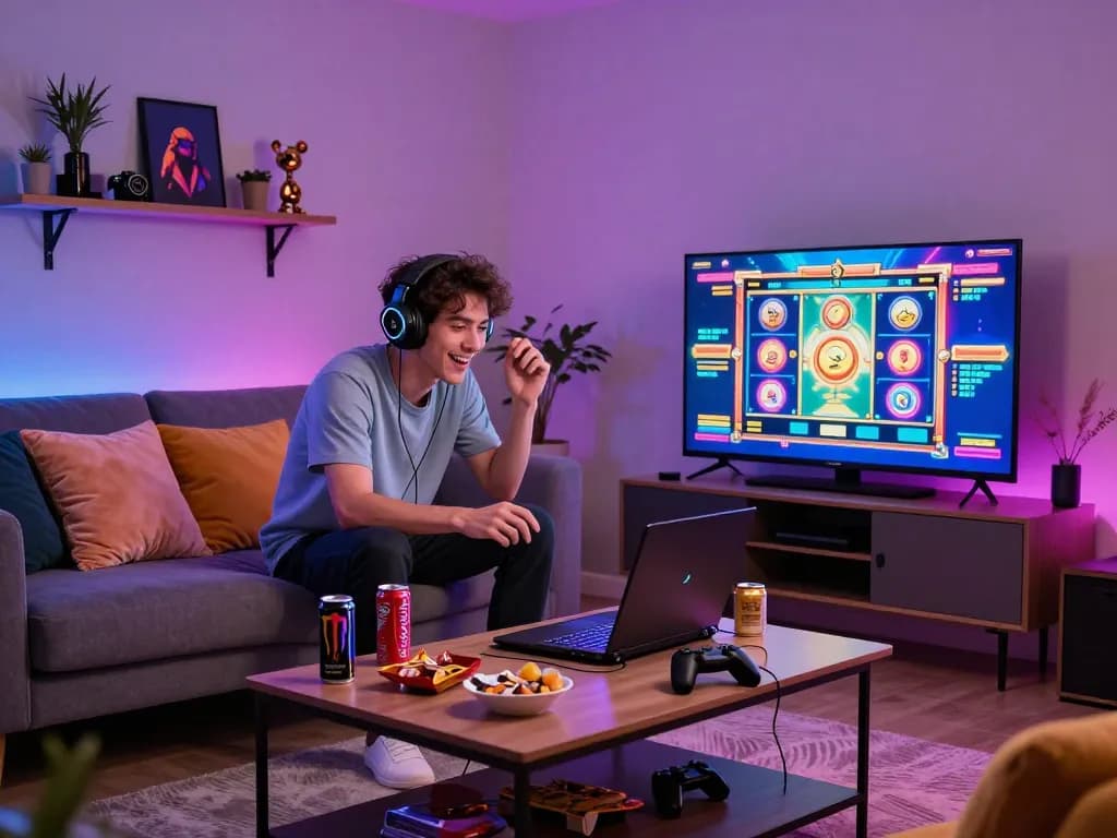 Pemain antusias berinteraksi dengan situs slot gacor di laptop gaming berkualitas tinggi di ruang tamu yang cerah.