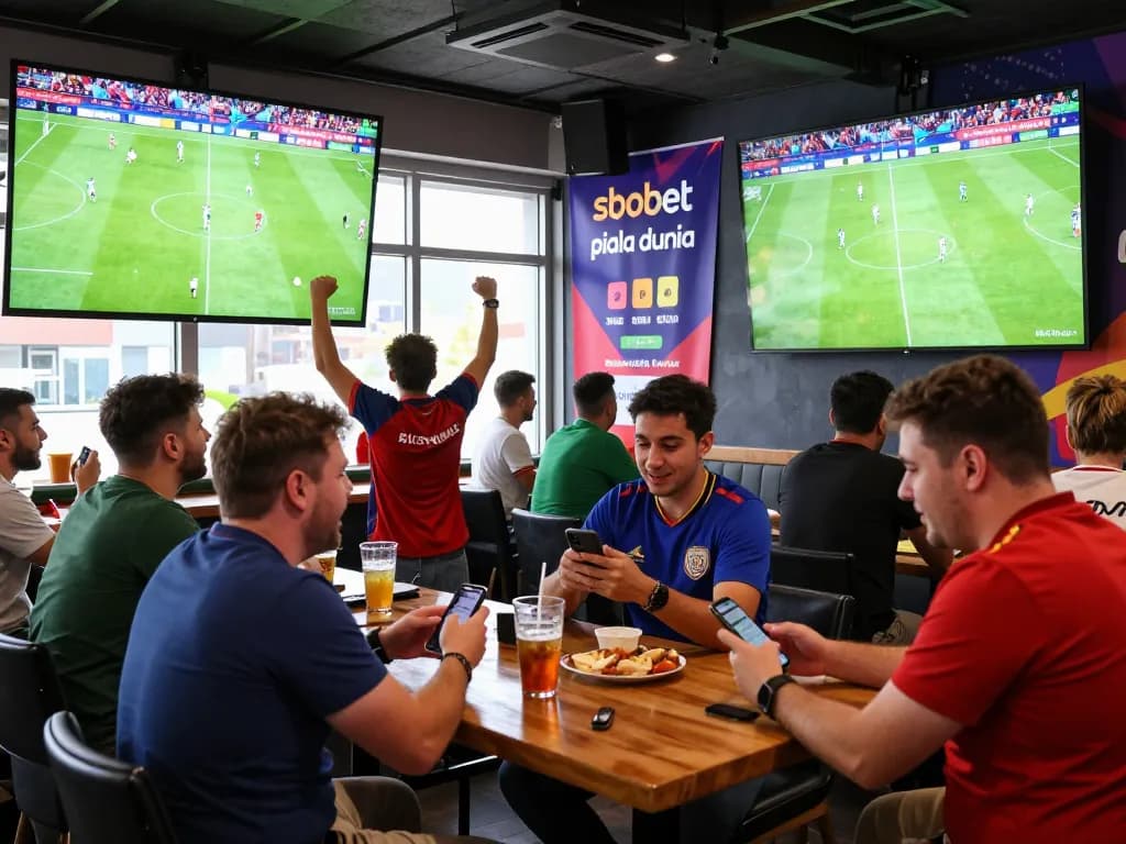 Suasana bar olahraga yang menarik memperlihatkan para penggemar memasang taruhan sbobet piala dunia selama Piala Dunia.