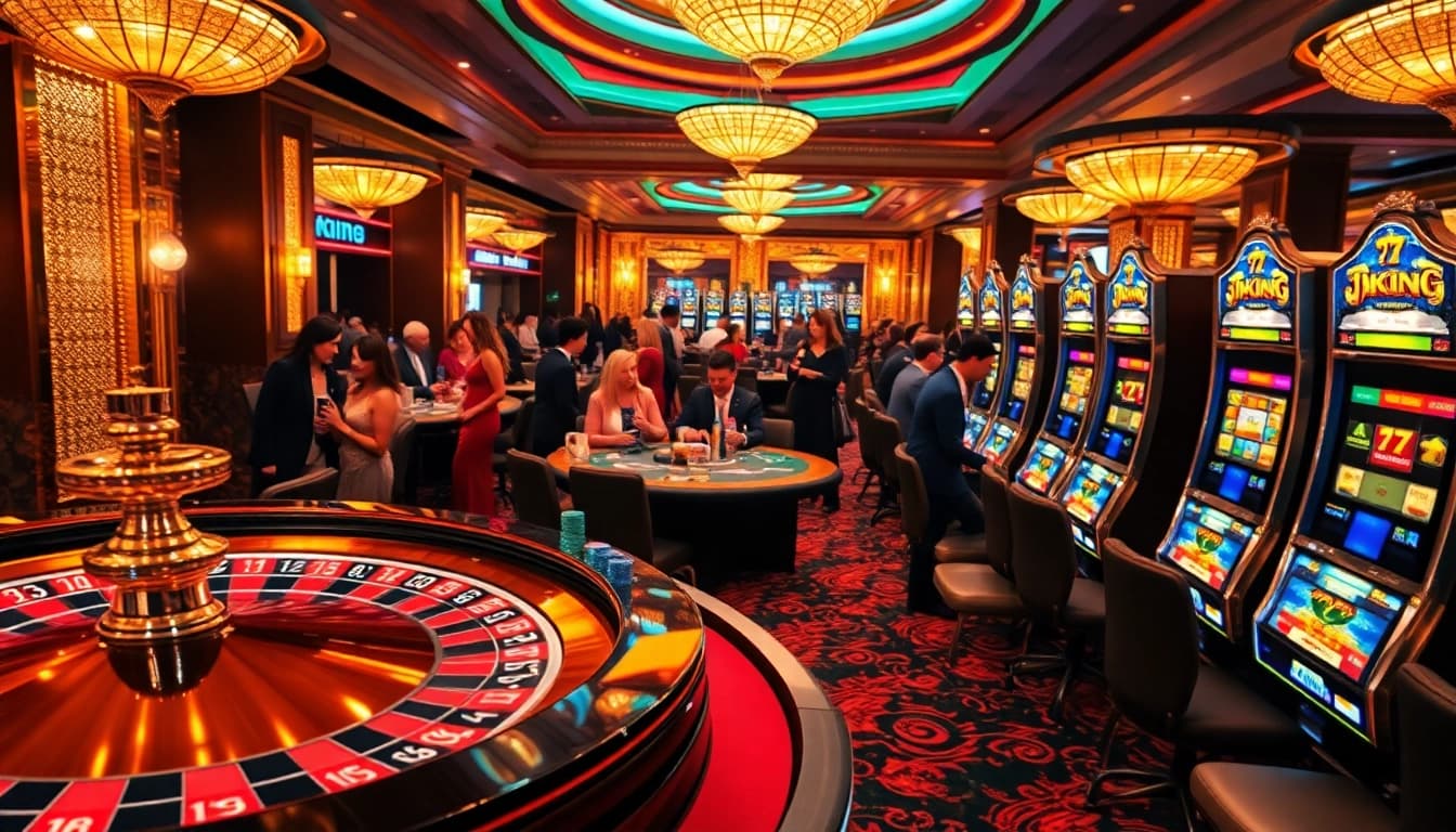 79king casino scene with roulette wheel and poker tables, illustrating excitement and luxury.