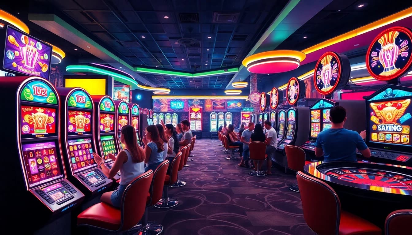 Erleben Sie die Aufregung von casinospielen.de in einem lebhaften Online-Casino mit Spielern und Spielautomaten.