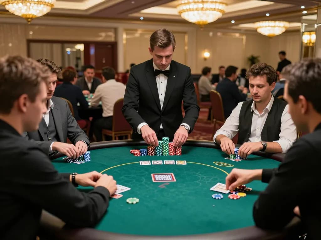 Engaged players at poker tables on nk88 com, highlighting strategic gameplay atmosphere in a luxurious casino
