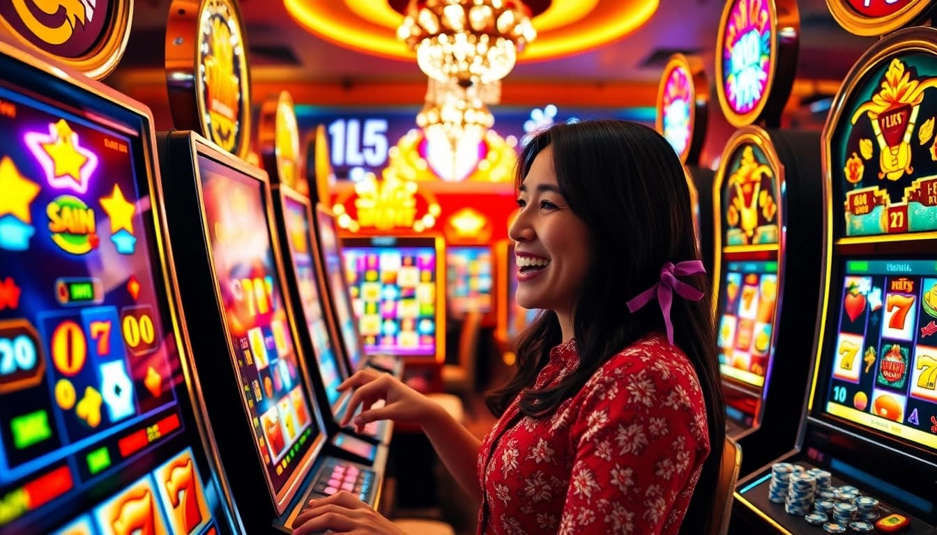 Experience the thrill of slot gacor with vibrant machines and a festive casino atmosphere.