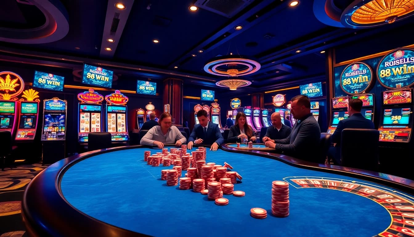 Experience the thrill of 98 win at a luxurious casino with poker tables and vibrant slot machines.
