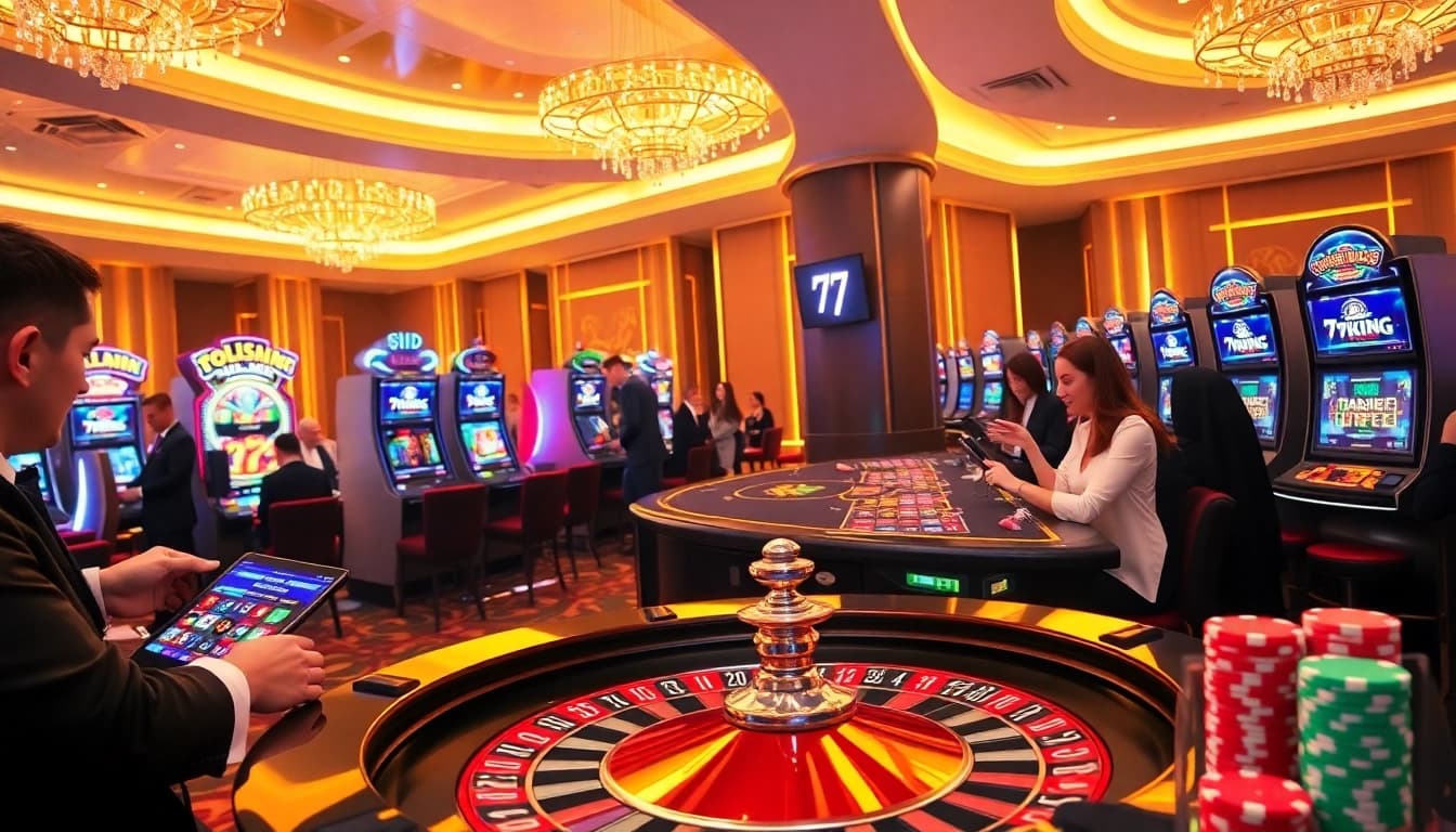 Experience high-stakes gaming at 79king with vibrant slot machines and a lively roulette wheel.