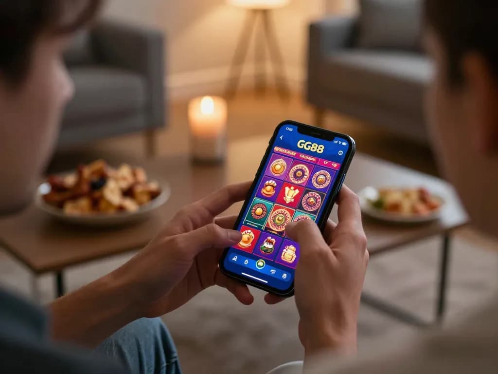 Engaging online gaming session with GG88 app, showcasing smartphone betting action in a cozy home environment.