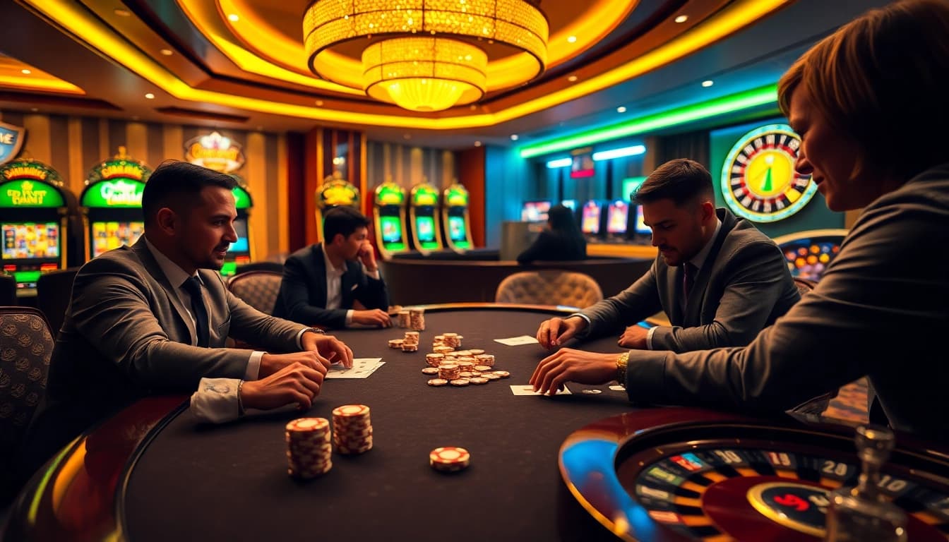 Players at a U888 poker table immersed in high-stakes gambling excitement.