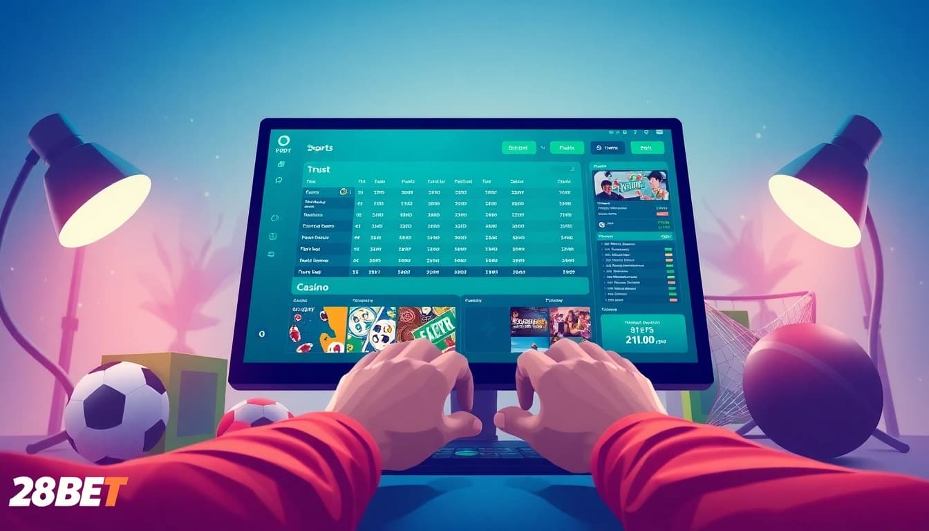 Interactive betting interface featuring 28BET, showcasing sports and casino options.