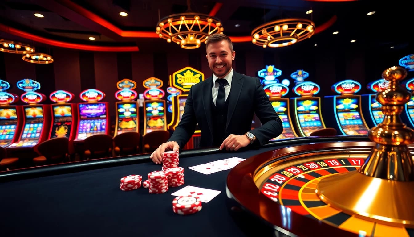 Experience the excitement of raja toto88 with players at a luxurious casino table and vibrant slot machines.