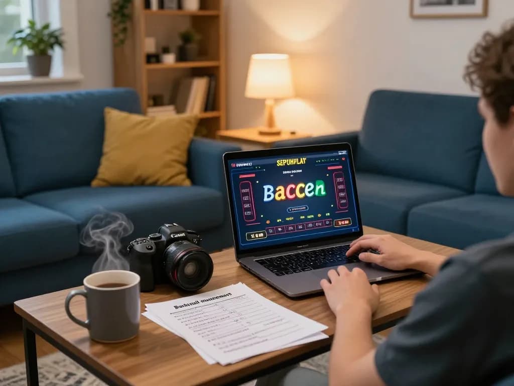 Engaging in a strategic game session, login sepuhplay on laptop in a cozy home environment.