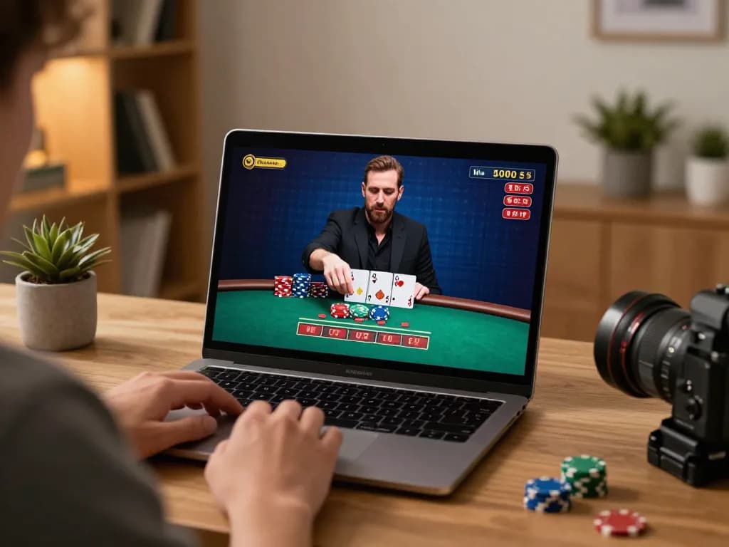 Bbet player enjoying live dealer blackjack on laptop, showcasing strategic gameplay in a cozy home environment.