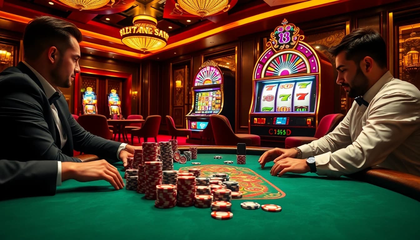 Players strategizing at the mk8.ac poker table, surrounded by vibrant casino elements.