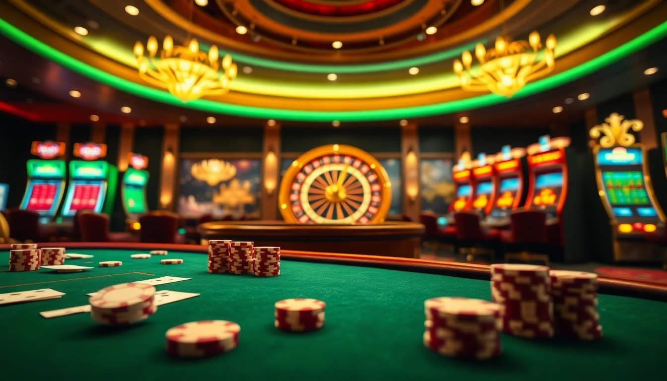 MM88 online casino games with luxury elements like roulette, cards, and poker chips.