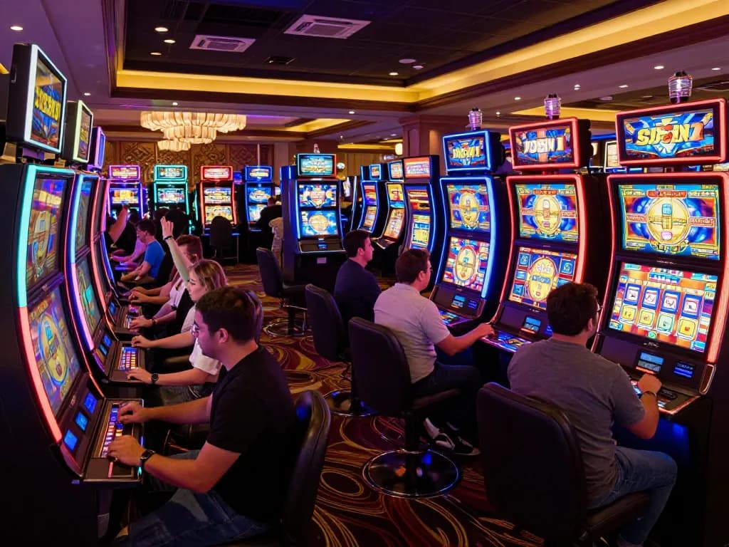 Pemain berinteraksi dengan slot berwarna-warni di popsplacebarandgrill, merayakan kemenangan dengan kegembiraan